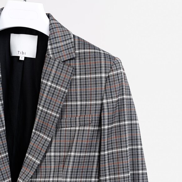 Tibi Gabe Blazer Slit-Elbow Grey Multi Windowpane Check Blazer - Picture 5 of 11